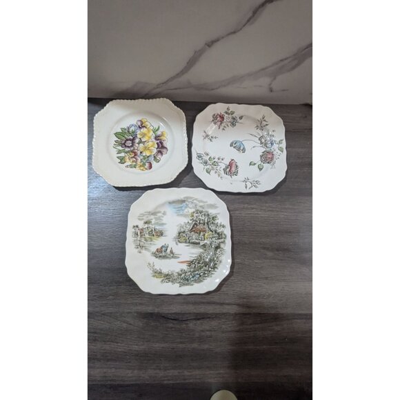 vtg Johnson Brothers  Square Collector Plates Pansy Floral  Countryside Set Of 3 - Picture 4 of 6